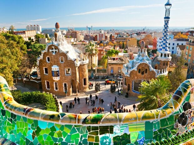 The unique architecture of Barcelona city showcasing colorful mosaic tiles and historic buildings in daylight