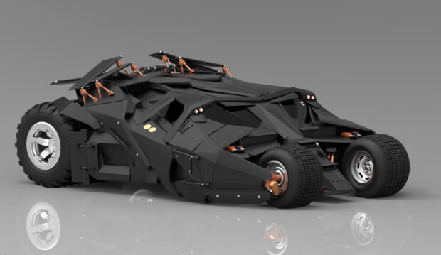 The futuristic Batmobile showcases a robust design with large tires and intricate mechanical details