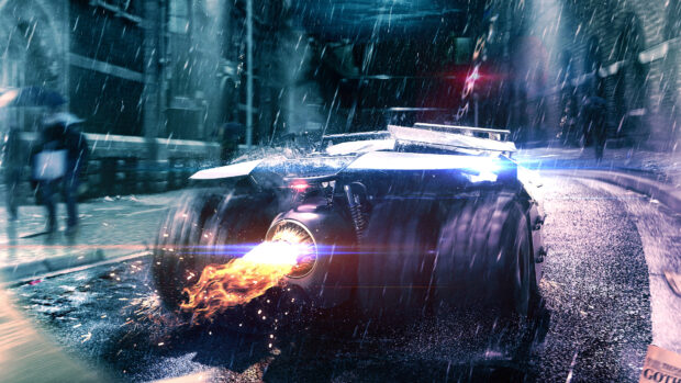 Batmobile speeding through rainy streets with flames from exhaust in action scene