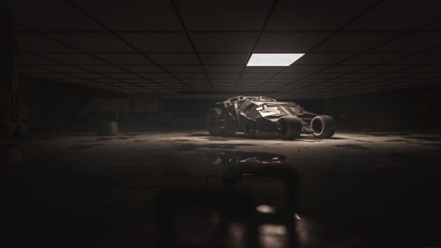 A dark Batmobile in a dimly lit underground garage with its reflection on the floor
