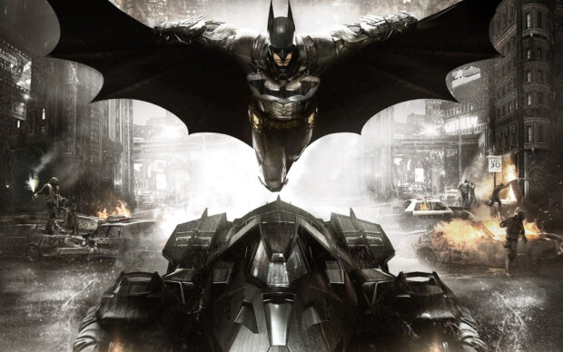 Batman soaring above the Batmobile in a dramatic city scene at night