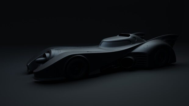 A sleek and futuristic Batmobile car design shown in dark lighting environment