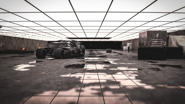 A sleek Batmobile parked in a dimly lit futuristic garage with reflective floor tiles