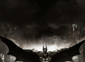 Batman flying over the Batmobile in a dark cityscape with rain and chaos around