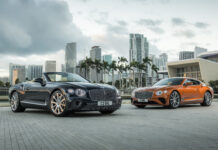 Two Bentley Continental cars parked in front of a city skyline with palm trees under cloudy sky