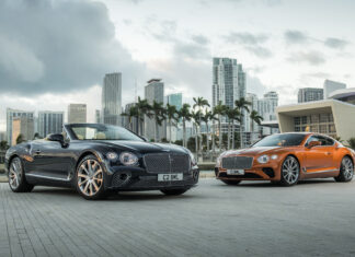 Two Bentley Continental cars parked in front of a city skyline with palm trees under cloudy sky