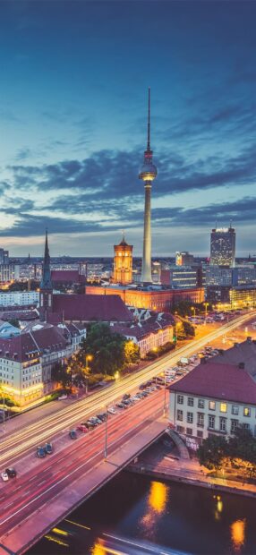 Evening view of the Berlin skyline with the iconic television tower and city lights