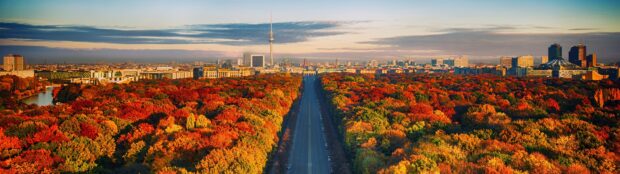 Autumn colors fill the Berlin skyline with trees and a clear sky in the background
