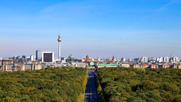 A clear view of Berlin skyline with the TV tower and cityscape from Tiergarten park