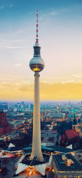Berlin skyline with the iconic television tower during sunset in vibrant colors