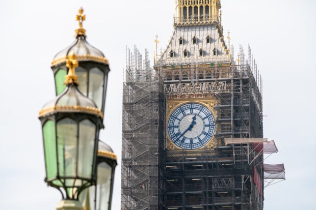 Renovation works on the Big Ben clock tower with scaffolding surrounding the landmark