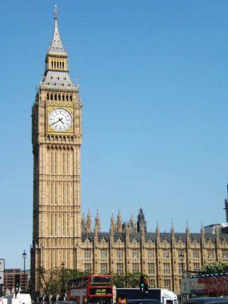 The iconic Big Ben clock tower in London under clear blue sky with detailed architecture