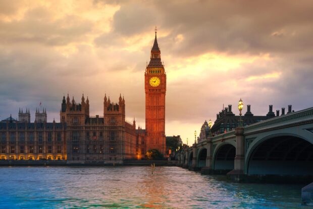 The iconic Big Ben clock tower stands tall near the river under a cloudy sunset sky