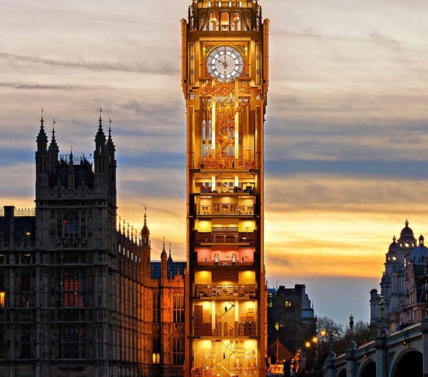 Detailed cross section view of Big Ben showing its intricate inner mechanisms at sunset