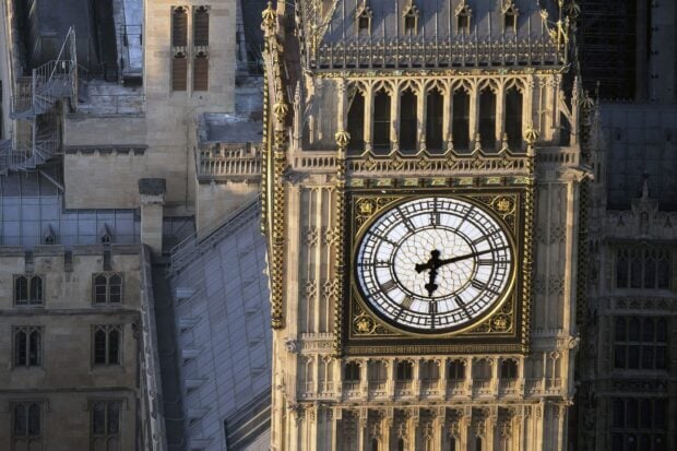 Close up view of Big Ben clock tower with detailed architecture in London