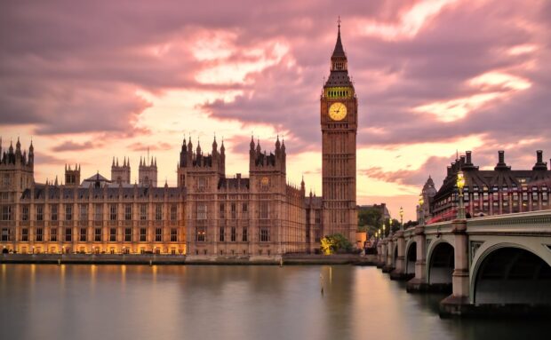 Beautiful Big Ben clock tower at sunset with the Houses of Parliament in London