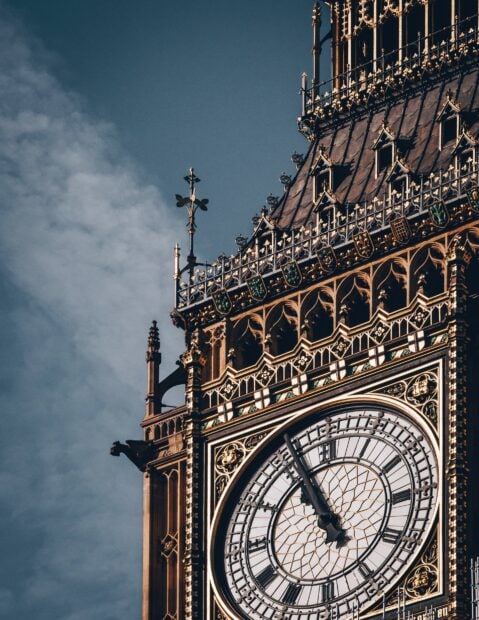 Close up view of Big Ben clock tower with intricate details against the sky