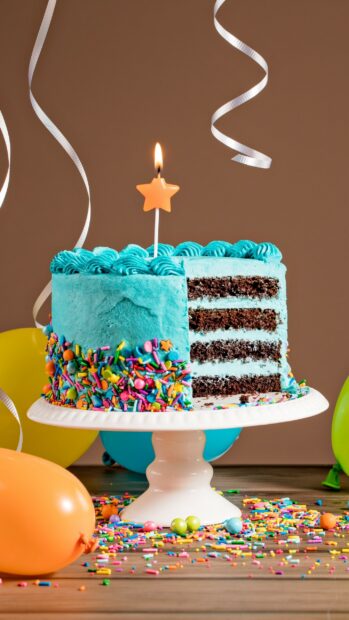 A birthday party cake with blue frosting and colorful sprinkles on a stand surrounded by balloons and confetti