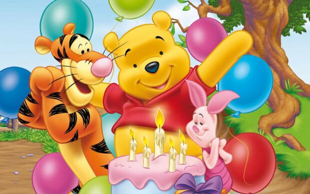 Winnie the Pooh and friends celebrating a birthday party with balloons and cake