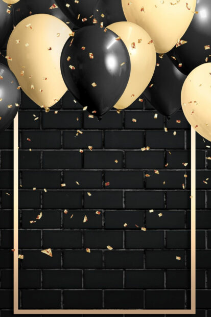 Gold and black balloons with confetti for birthday party celebration