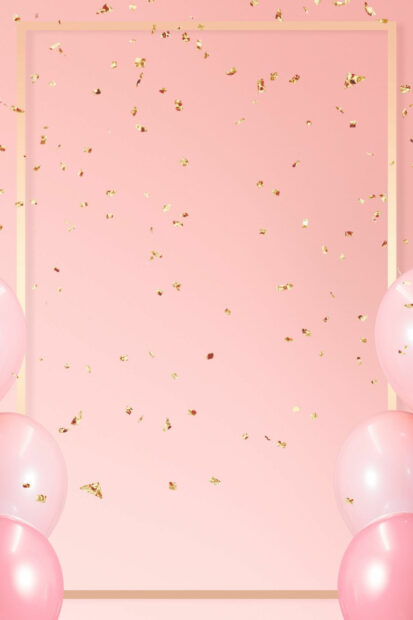 Pink birthday party decoration with balloons and golden confetti on a pastel background