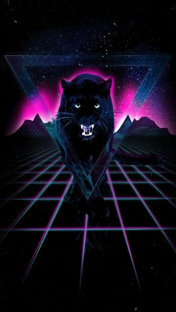 A black panther walking forward with glowing eyes in a neon futuristic landscape