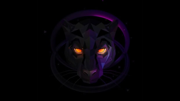 A geometric black panther animal with glowing orange eyes in dark purple tones