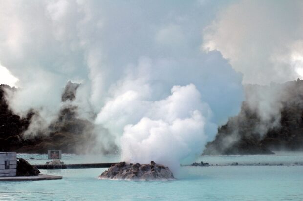 Steam rising from the Blue Lagoon Iceland geothermal waters