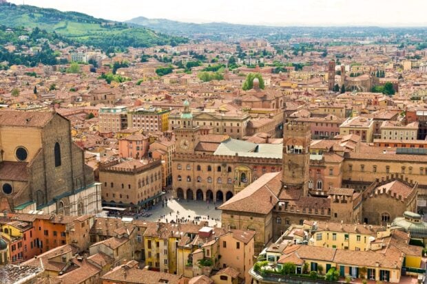 A panoramic view of Bologna cityscape showcasing historic architecture and urban landscape in HD quality