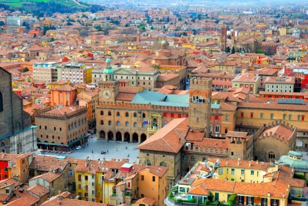 A panoramic view of historic Bologna city center with traditional Italian architecture and landmarks