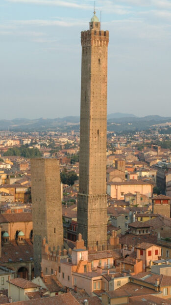 Historic towers in Bologna cityscape showing medieval architecture in Italy