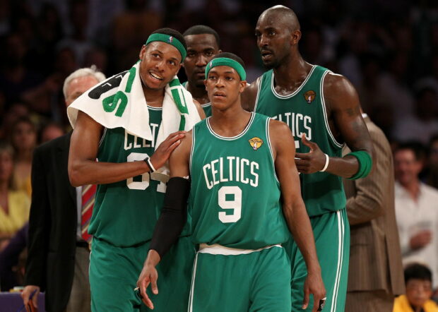 Boston Celtics players in green jerseys during a game moment