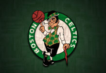 The Boston Celtics logo with a leprechaun spinning a basketball on his finger on a green wooden floor background