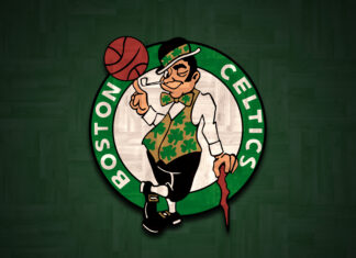 The Boston Celtics logo with a leprechaun spinning a basketball on his finger on a green wooden floor background