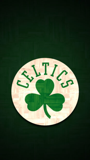 Boston Celtics logo on wooden court floor in an artistic design