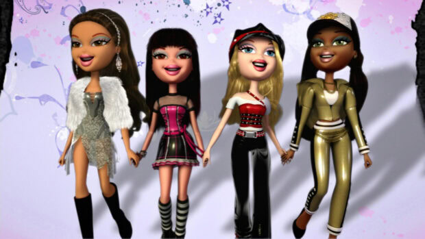 Four Bratz Dolls wearing various fashionable outfits standing together on a light colorful background