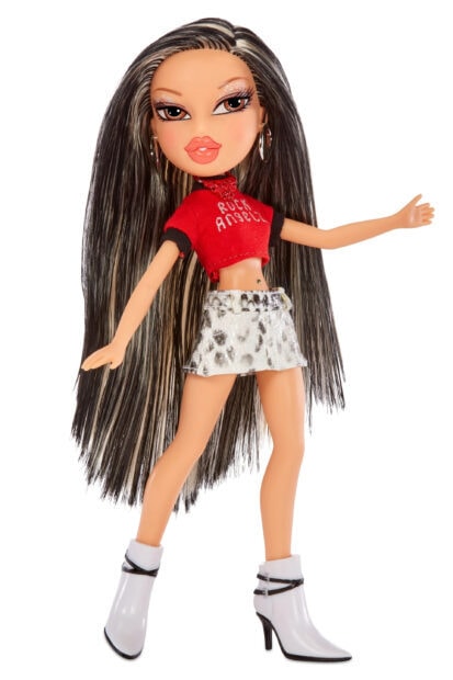 Bratz doll wearing a red top and leopard print skirt with long black and white hair