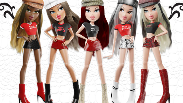 Five Bratz dolls modeling fashionable outfits and boots in vibrant colors