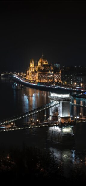 Night view of Budapest with illuminated bridges and historic buildings reflecting on the river