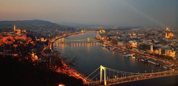 Nighttime view of Budapest cityscape with bridges and river Budapest in HD