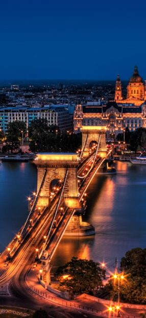 Chain Bridge lit up at night in Budapest cityscape