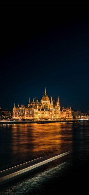 Night view of Budapest with illuminated parliament building by the river