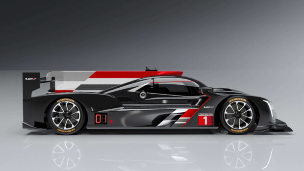 Sleek Cadillac race car design with detailed aerodynamic features and racing decals
