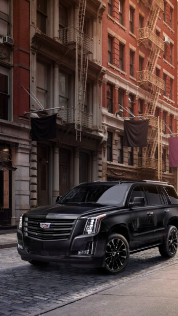 Black Cadillac parked on a cobblestone street in an urban setting with vintage buildings