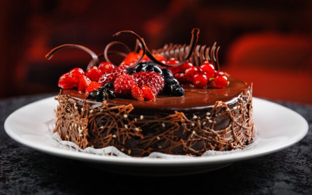 A chocolate cake decorated with fresh berries and intricate chocolate patterns on a white plate