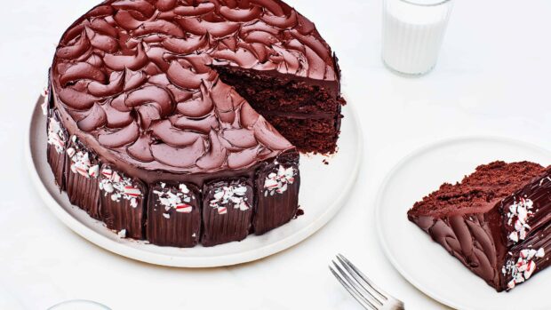 A rich chocolate cake with smooth frosting and peppermint pieces on a white plate