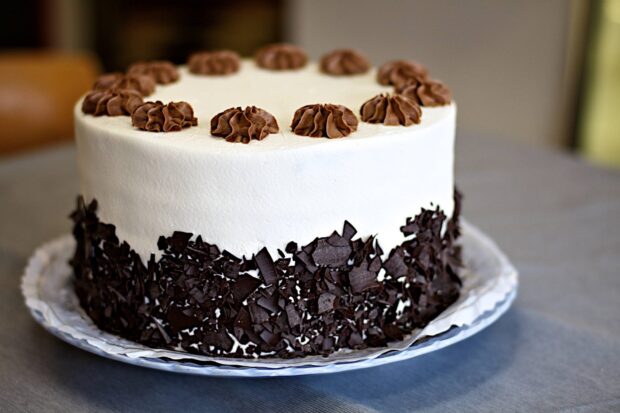 A delicious cake with chocolate cream decorations and chocolate shavings around the sides