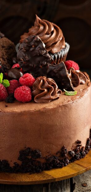 Delicious chocolate cake topped with fresh raspberries and chocolate frosting swirl