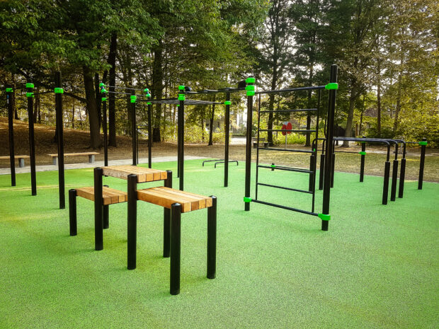 Calisthenics Wallpapers HD Desktop Calisthenics equipment set in a park surrounded by trees and green flooring