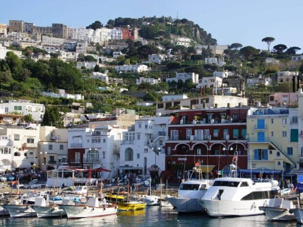 Scenic view of Capri Island harbor with boats and hillside buildings in Italy